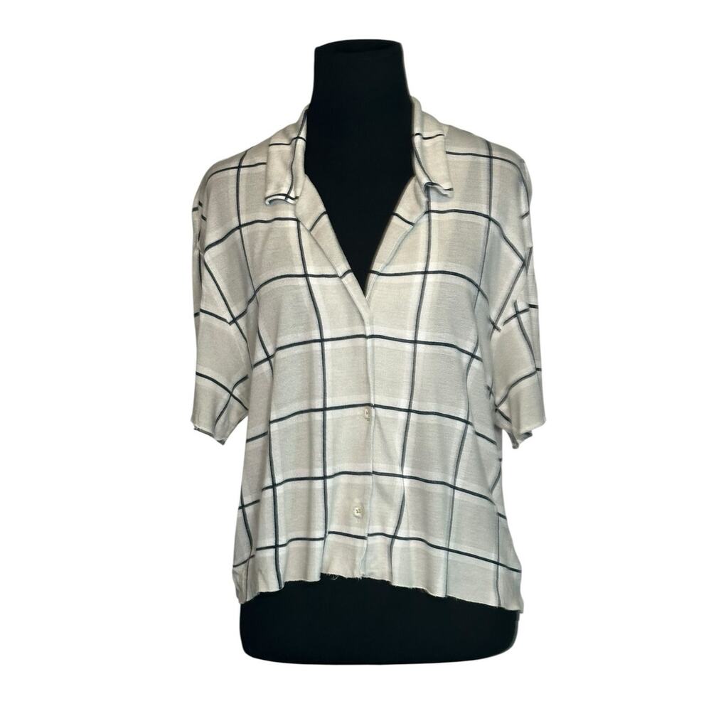 Urban Outfitters cream black plaid button short sleeves shirt size Large